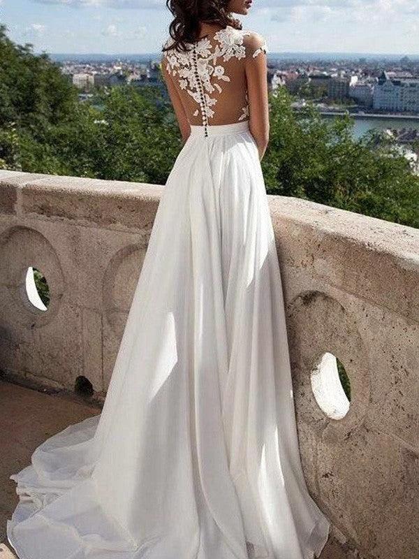 A-Line/Elegant Short Sleeves Scoop Applique Chiffon Prom Dresses - Image 3