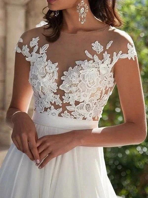 A-Line/Elegant Short Sleeves Scoop Applique Chiffon Prom Dresses - Image 4