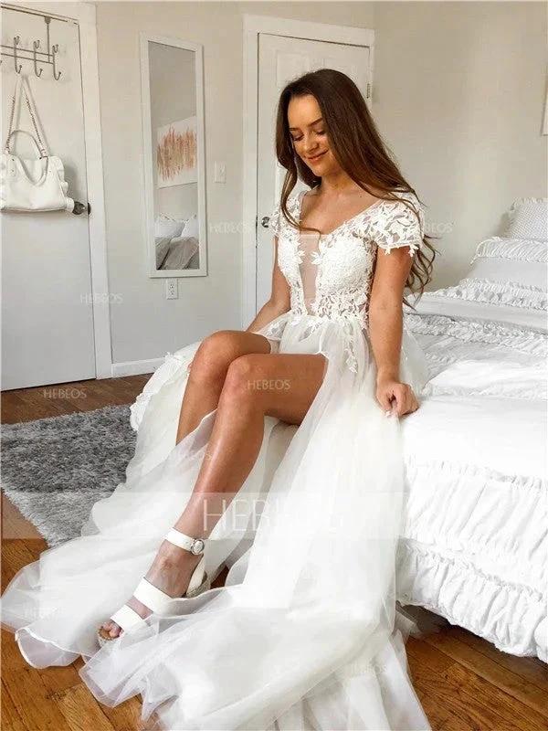 A-Line/Elegant Short Sleeves V-neck Applique Tulle Prom Dresses - Image 2