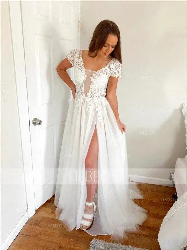 A-Line/Elegant Short Sleeves V-neck Applique Tulle Prom Dresses - Image 3