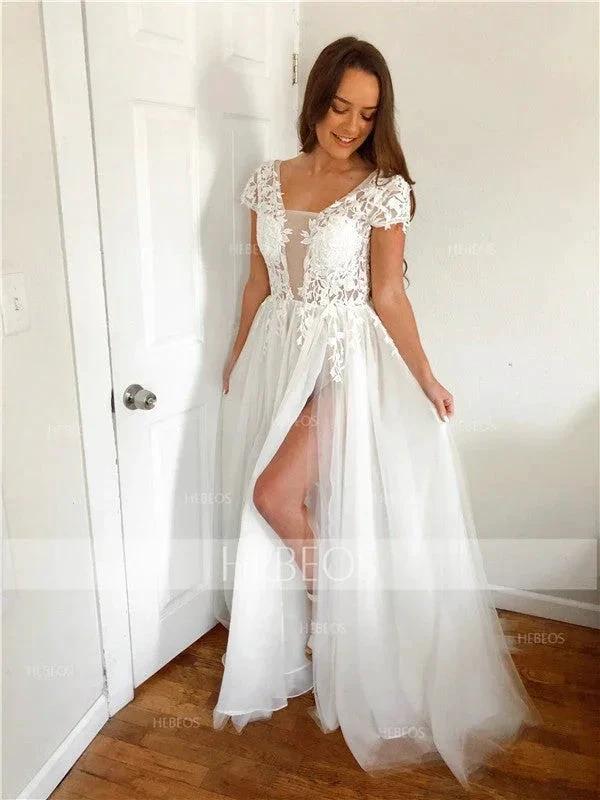A-Line/Elegant Short Sleeves V-neck Applique Tulle Prom Dresses - Image 4