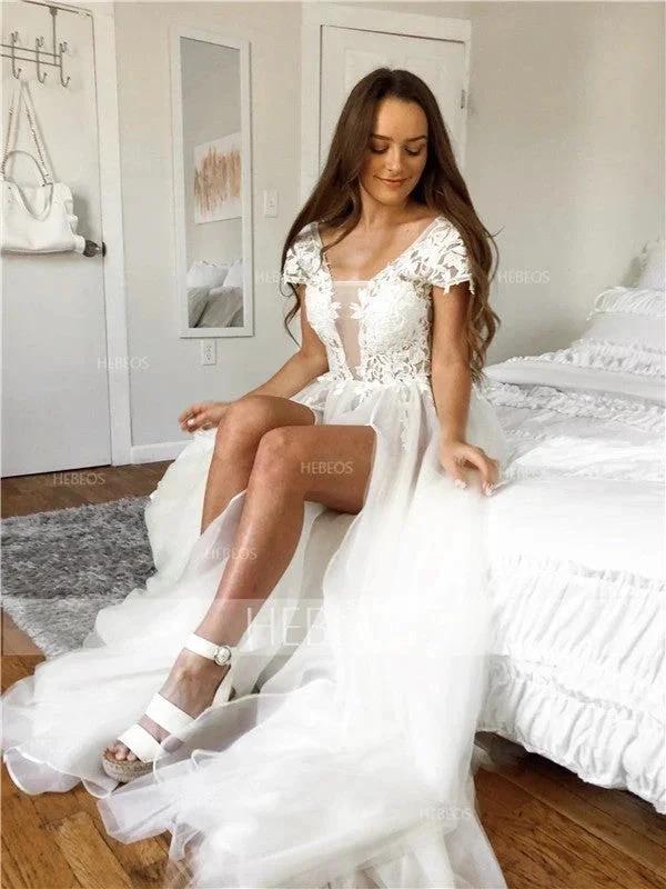 A-Line/Elegant Short Sleeves V-neck Applique Tulle Prom Dresses - Image 5
