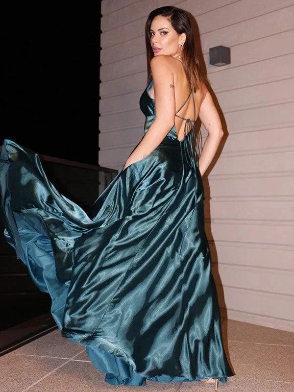 A-Line/Elegant Silk like Satin V-neck Ruffles Sleeveless Floor-Length Prom Dresses - Image 3