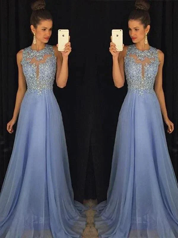 A-Line/Elegant Sleeveless Applique Chiffon Scoop Prom Dresses - Image 2