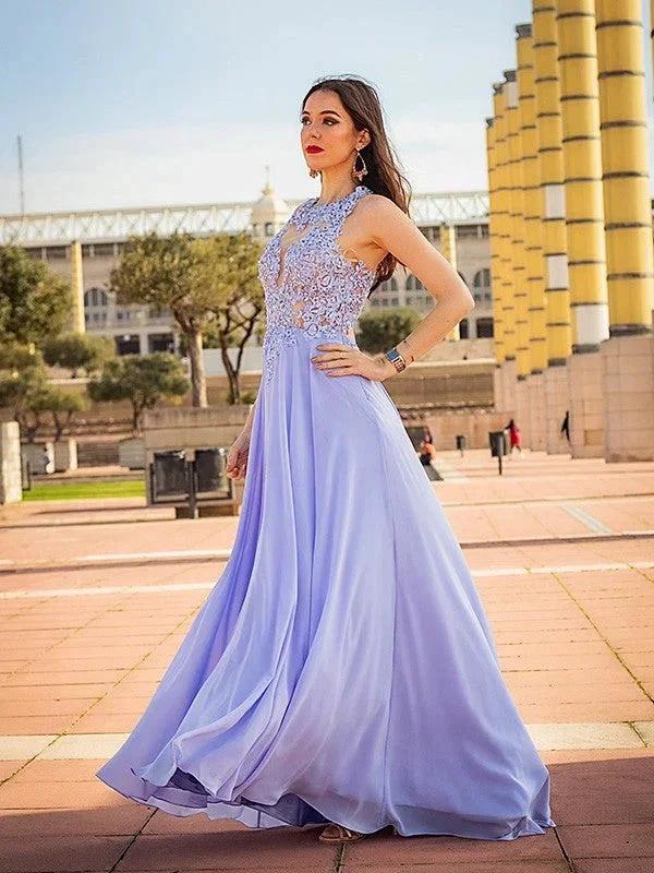 A-Line/Elegant Sleeveless Applique Chiffon Scoop Prom Dresses - Image 3