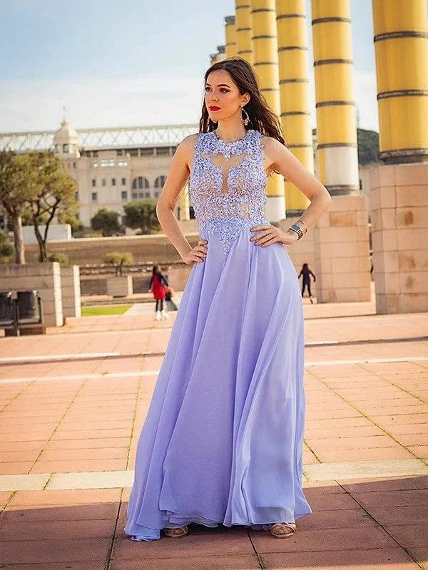 A-Line/Elegant Sleeveless Applique Chiffon Scoop Prom Dresses - Image 4