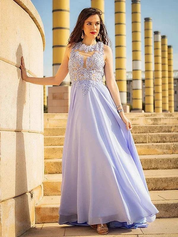A-Line/Elegant Sleeveless Applique Chiffon Scoop Prom Dresses - Image 5