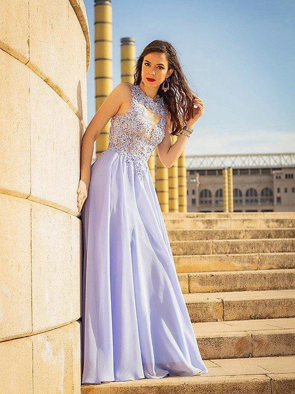 A-Line/Elegant Sleeveless Applique Chiffon Scoop Prom Dresses - Image 6