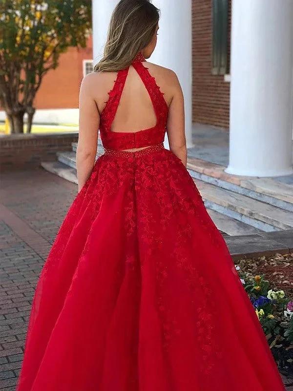 A-Line/Elegant Sleeveless Halter Beading Tulle Floor-Length Two Piece Prom Dresses - Image 2