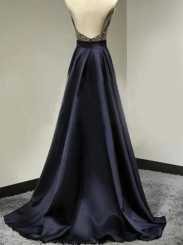 A-Line/Elegant Sleeveless Halter Satin Floor-Length Beading Prom Dresses - Image 2
