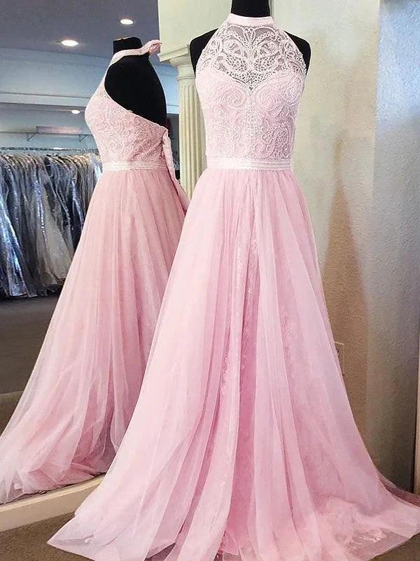 A-Line/Elegant Sleeveless Halter Tulle Lace Prom Dresses - Image 2
