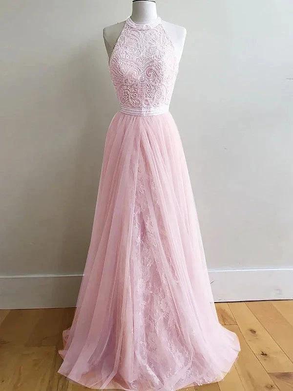 A-Line/Elegant Sleeveless Halter Tulle Lace Prom Dresses - Image 3