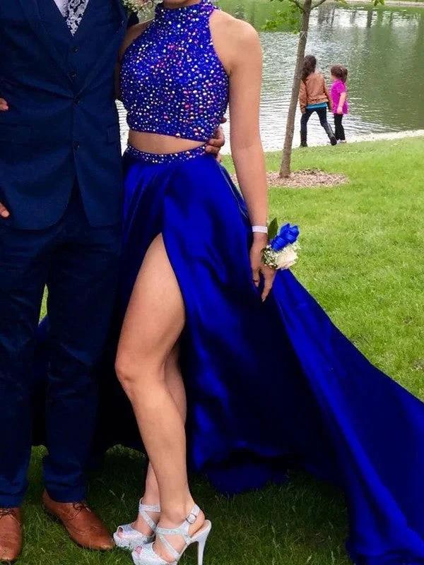 A-Line/Elegant Sleeveless High Neck Elastic Woven Satin Beading Two Piece Prom Dresses - Image 2