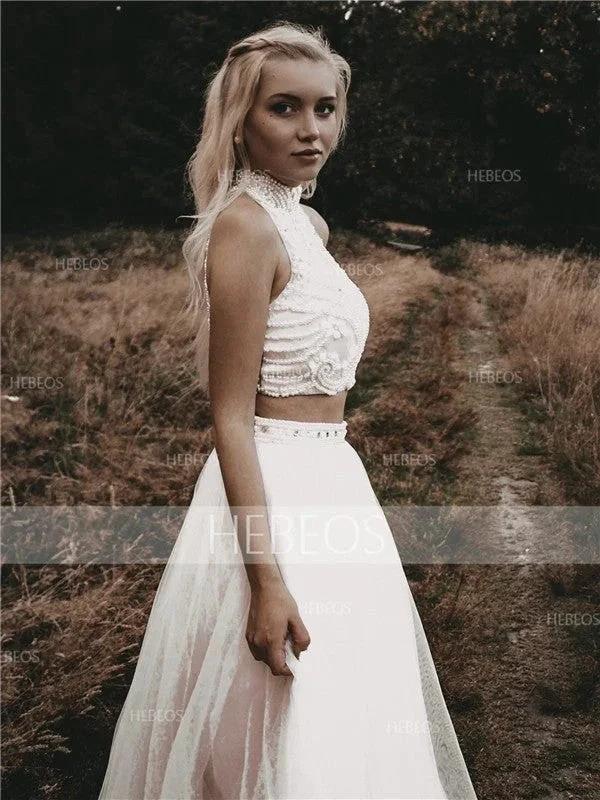 A-Line/Elegant Sleeveless High Neck Tulle Beading Floor-Length Prom Dresses - Image 2