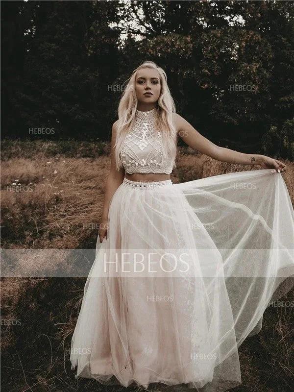 A-Line/Elegant Sleeveless High Neck Tulle Beading Floor-Length Prom Dresses - Image 3