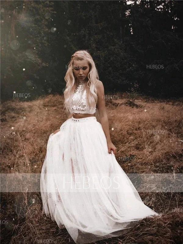 A-Line/Elegant Sleeveless High Neck Tulle Beading Floor-Length Prom Dresses - Image 4
