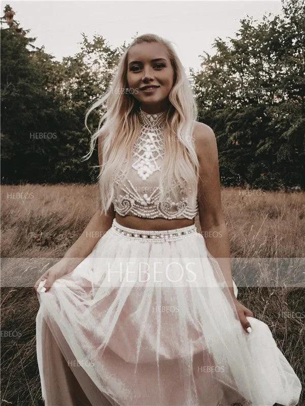 A-Line/Elegant Sleeveless High Neck Tulle Beading Floor-Length Prom Dresses - Image 5