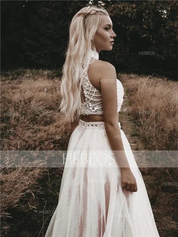 A-Line/Elegant Sleeveless High Neck Tulle Beading Floor-Length Prom Dresses - Image 6