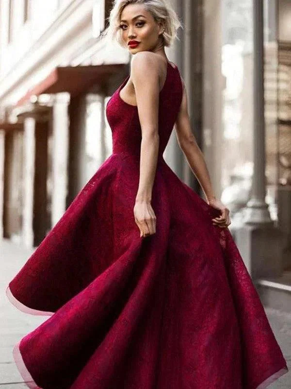 A-Line/Elegant Sleeveless Jewel Asymmetrical Ruffles Lace Prom Dresses - Image 2