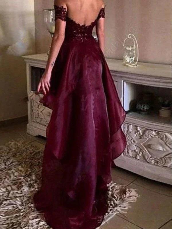A-Line/Elegant Sleeveless Off-the-Shoulder Asymmetrical Applique Organza Prom Dresses - Image 2
