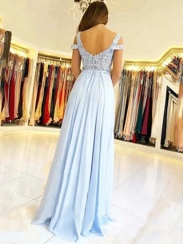 A-Line/Elegant Sleeveless Off-the-Shoulder Floor-Length Applique Chiffon Prom Dresses - Image 2