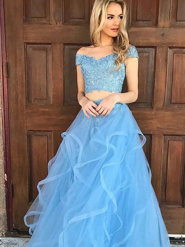 A-Line/Elegant Sleeveless Off-the-Shoulder Tulle Applique Floor-Length Two Piece Prom Dresses - Image 2