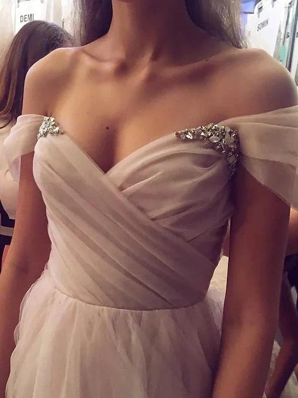 A-Line/Elegant Sleeveless Off-the-Shoulder Tulle Beading Prom Dresses - Image 2
