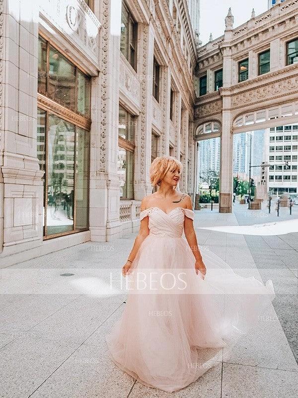 A-Line/Elegant Sleeveless Off-the-Shoulder Tulle Beading Prom Dresses - Image 4