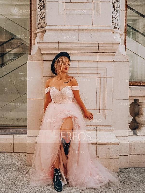 A-Line/Elegant Sleeveless Off-the-Shoulder Tulle Beading Prom Dresses - Image 7