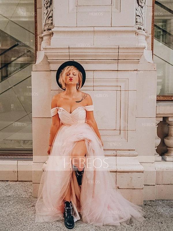 A-Line/Elegant Sleeveless Off-the-Shoulder Tulle Beading Prom Dresses - Image 8