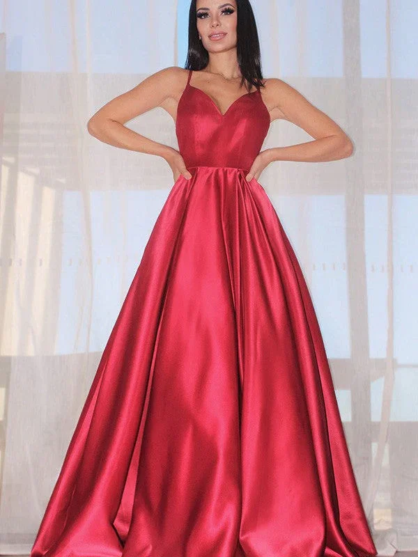 A-Line/Elegant Sleeveless Ruffles V-neck Satin Floor-Length Prom Dresses - Image 2