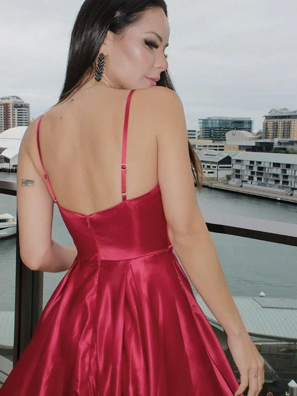 A-Line/Elegant Sleeveless Ruffles V-neck Satin Floor-Length Prom Dresses - Image 3