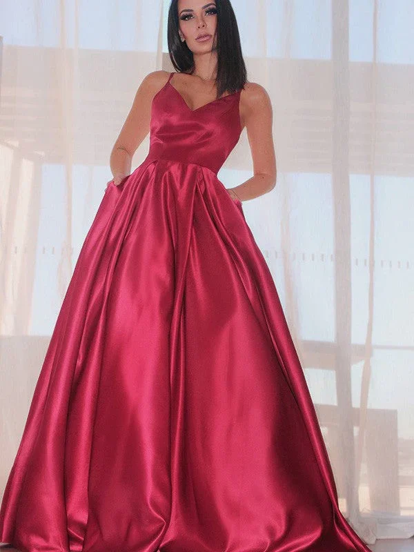 A-Line/Elegant Sleeveless Ruffles V-neck Satin Floor-Length Prom Dresses - Image 4