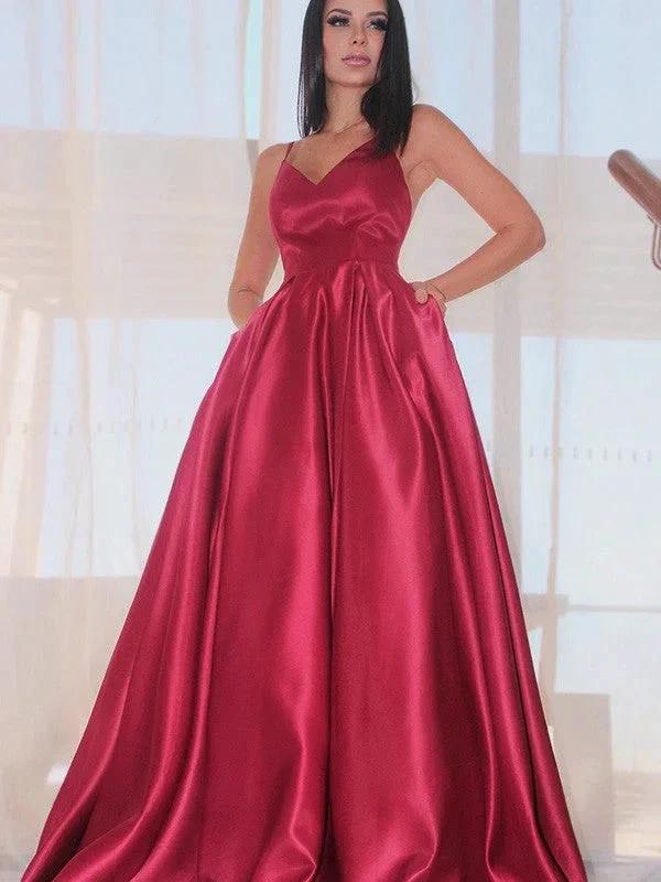 A-Line/Elegant Sleeveless Ruffles V-neck Satin Floor-Length Prom Dresses - Image 5