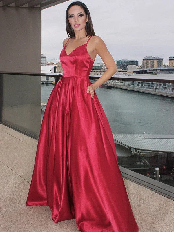 A-Line/Elegant Sleeveless Ruffles V-neck Satin Floor-Length Prom Dresses - Image 7