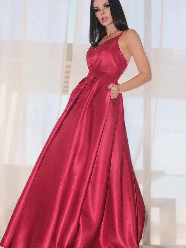 A-Line/Elegant Sleeveless Ruffles V-neck Satin Floor-Length Prom Dresses - Image 8