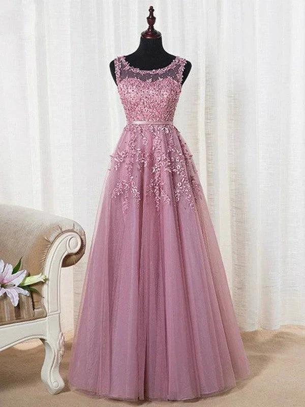 A-Line/Elegant Sleeveless Scoop Floor-Length Tulle Beading Prom Dresses - Image 2