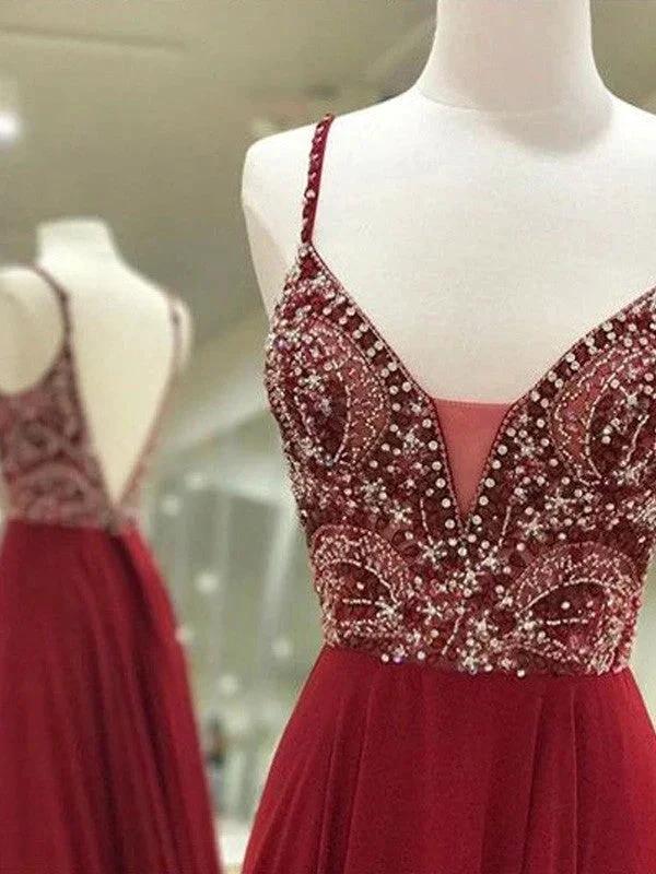 A-Line Elegant Sleeveless Spaghetti Straps Chiffon Floor-Length Beading Prom Dresses - Image 2