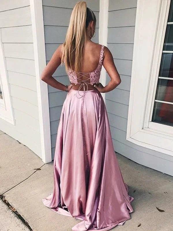 A-Line/Elegant Sleeveless Square Applique Silk like Satin Two Piece Prom Dresses - Image 2