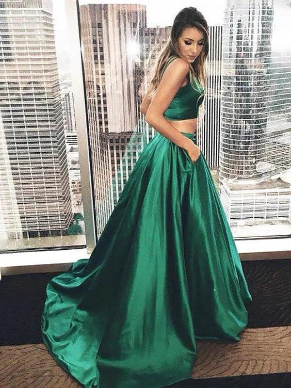 A-Line/Elegant Sleeveless Square Floor-Length Ruffles Satin Two Piece Prom Dresses - Image 2