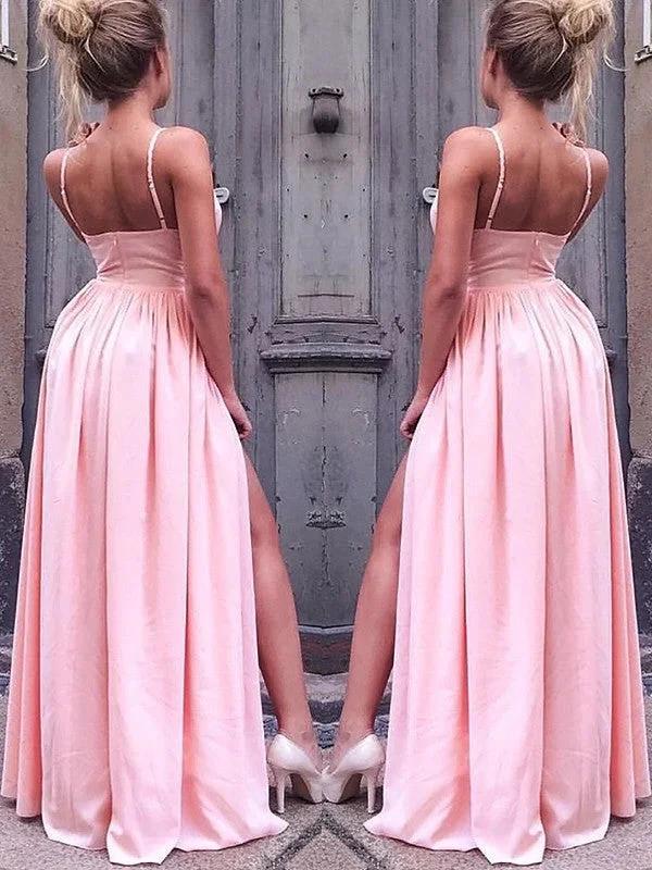 A-Line/Elegant Sleeveless Straps Floor-Length Ruched Silk like Satin Prom Dresses - Image 2