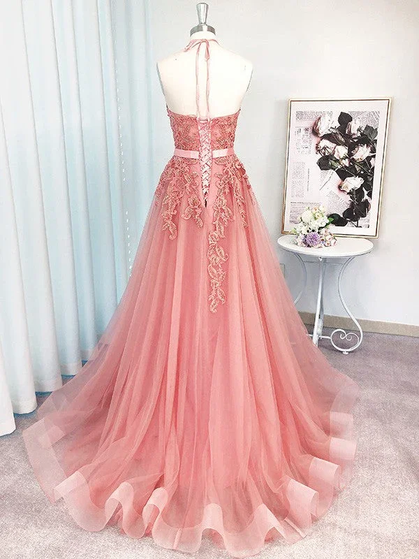 A-Line/Elegant Sleeveless Tulle Halter Applique Prom Dresses - Image 2