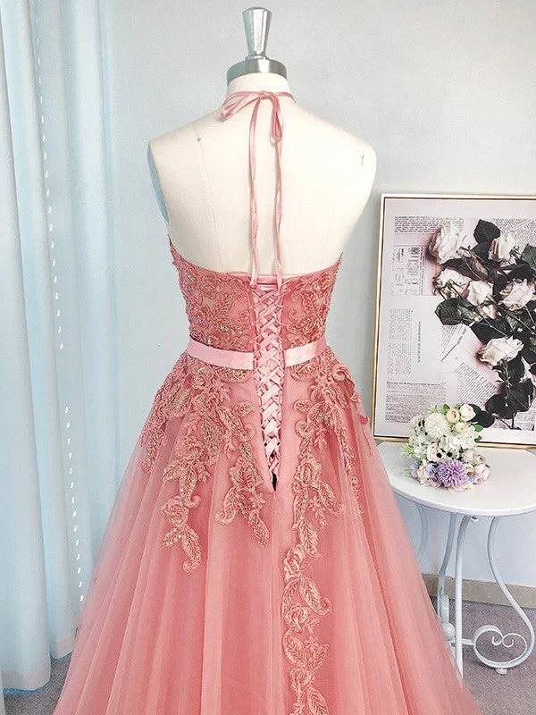 A-Line/Elegant Sleeveless Tulle Halter Applique Prom Dresses - Image 3
