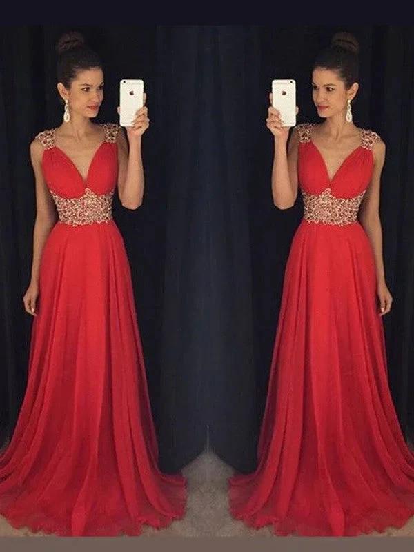 A-Line/Elegant Sleeveless V-neck Beading Floor-Length Chiffon Prom Dresses - Image 2