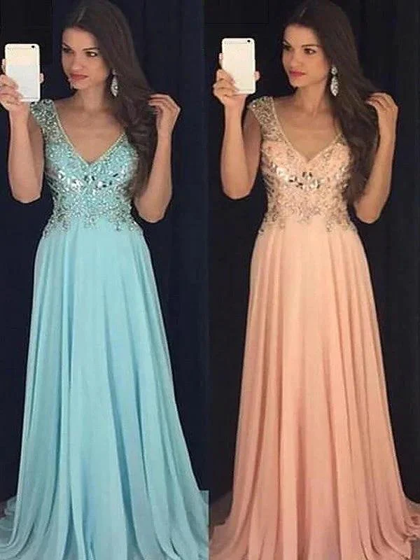 A-Line/Elegant Sleeveless V-neck Chiffon Paillette Floor-Length Prom Dresses - Image 2