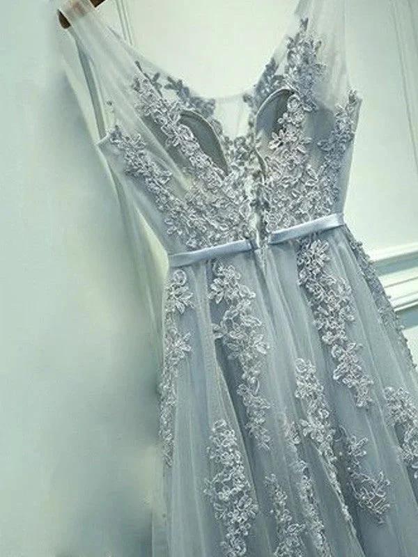 A-Line/Elegant Sleeveless V-neck Tulle Applique Floor-Length Prom Dresses - Image 2