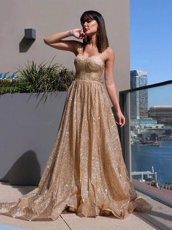 A-Line/Elegant Spaghetti Straps Sequins Sleeveless Ruffles Prom Dresses - Image 2