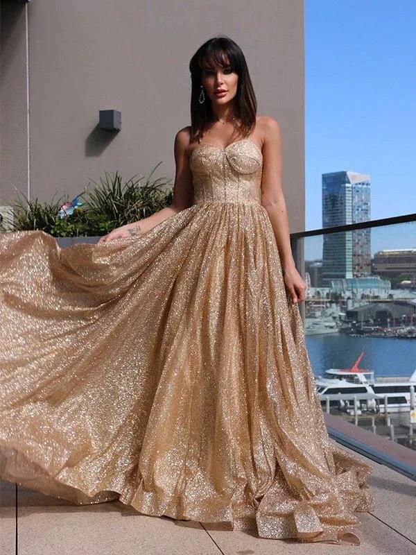 A-Line/Elegant Spaghetti Straps Sequins Sleeveless Ruffles Prom Dresses - Image 3