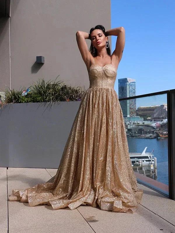 A-Line/Elegant Spaghetti Straps Sequins Sleeveless Ruffles Prom Dresses - Image 5