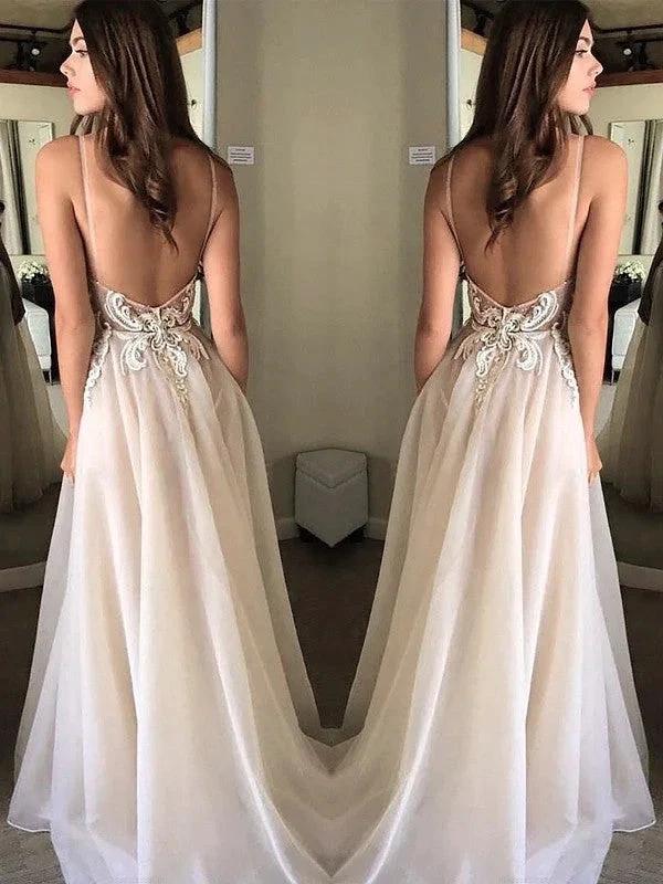 A-Line/Elegant Spaghetti Straps Sleeveless Applique Chiffon Prom Dresses - Image 2